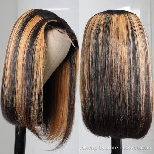 Wholesale Peruvian Virgin 150% Density Human Hair Highlight Short Bob Wig  Brown P4/30 5X5 Lace Front Wig Pre Plucked Baby Hair